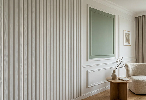 Slat panels for interior finishing for painting and polyurethane moldings in a light modern interior
