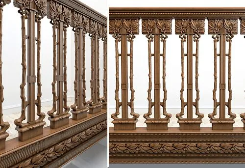 Carved wooden balusters with decorative elements and proper geometry, close-up of staircase railing