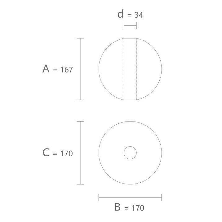 Drawing of the geometric figure KN-004 with dimensions 167 &times; 170 &times; 170 mm and a 34 mm hole