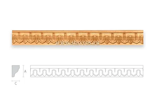 Long wooden carved element with repeating pattern and schematic drawing with dimensions.