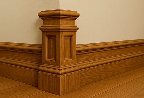 Oak baseboard with carved decorative elements in a classic interior