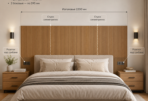 2200 mm wide slatted headboard made of PAN-005 panels 1010&times;9&times;950 mm between two wall sconces