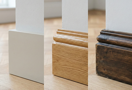 Wooden baseboard with finish: comparison of options &mdash; painted white, natural lacquered, and dark with patina