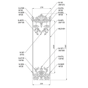 Wooden Decor Set C-053, consisting of 12 carved appliqu&eacute;s and 2 carved molding ends of different sizes and shapes