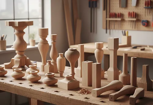 A set of wooden furniture legs in various shapes and sizes, arranged on a workbench in a carpentry workshop, with tools in the background and natural daylight.