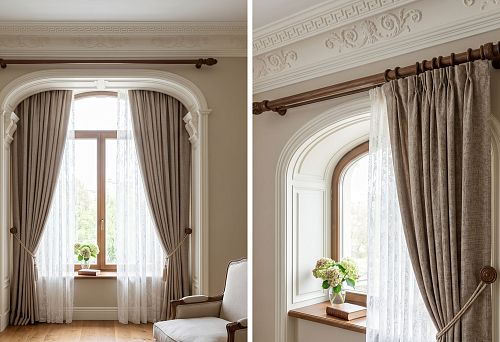 Wooden curtain rod and polyurethane molding in curtain area design