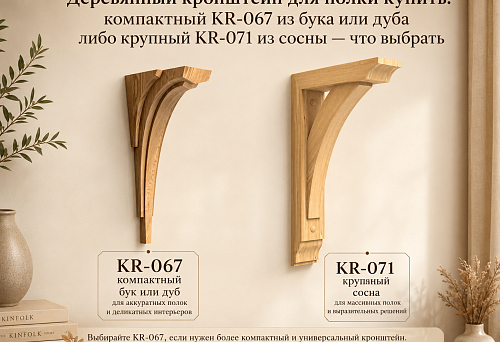 Buy a wooden shelf bracket: compact KR-067 made of beech or oak, or large KR-071 made of pine &mdash; which to choose