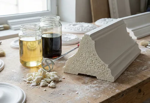 Polyurethane stucco molding in cross-section: polyurethane cornice profile and material structure close-up