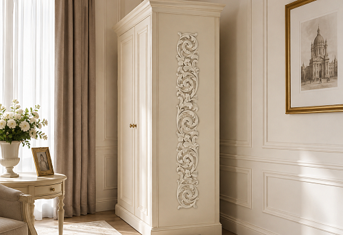 A 2.4 m cabinet stands with its end facing the room: how to decorate the visible side with carved molding KPU-081, 2 m long, without an accidental joint
