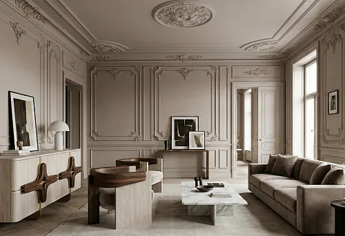 A Neoclassical living room with moldings and plasterwork: cornices, a ceiling rose, and wall frames, light-colored furniture, and a sideboard with wooden handles as a warm accent.