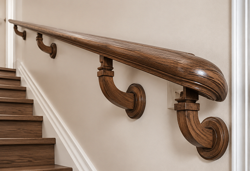 Wooden handrail mounting to the wall: brackets, supports and fixing units
