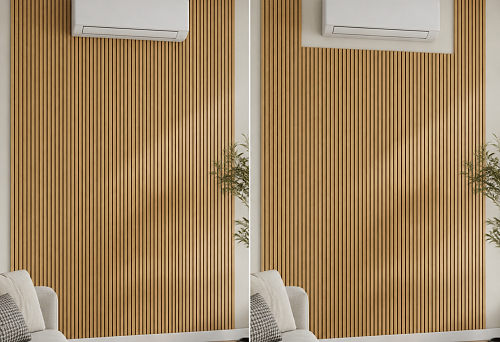 PAN-007 slatted panel on a painted wall with a service strip around the installed air conditioner