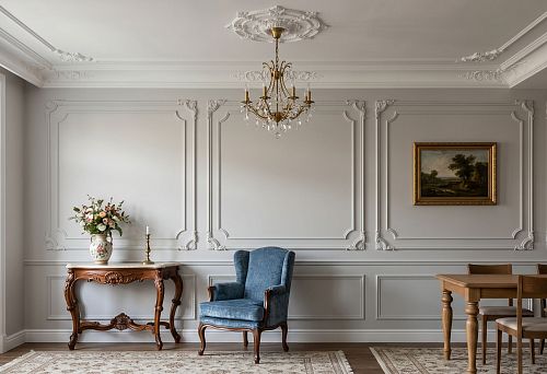Polyurethane wall decor and furniture legs in one interior