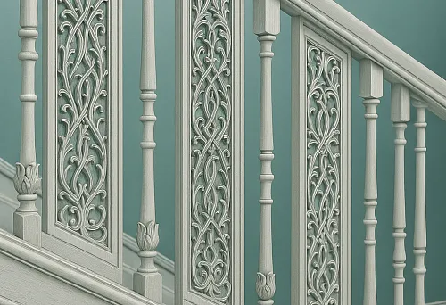 Staircase railing with carved wooden balusters and panels, finished in a light tone