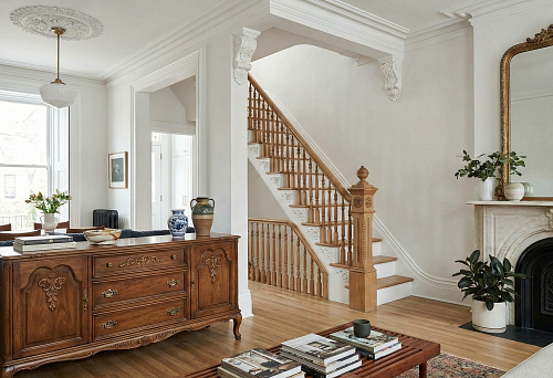 Updating an interior with details: a staircase with wooden balusters, white walls with stucco decor, and classic furniture