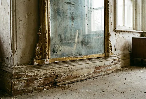 Aged tall baseboard and large mirror in a patina frame create an old mansion effect in a vintage interior
