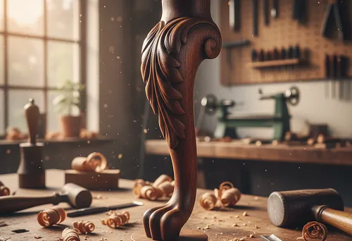 Carved furniture leg made of dark wood with leaf-pattern ornament, standing on a workbench in a workshop among tools and wood shavings