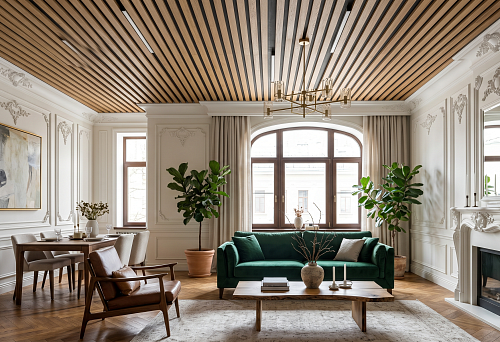 Wooden slats on the ceiling and molded decor on the walls: how to combine materials in one interior