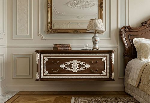 Wall-mounted cabinet in a classic interior: wooden decor and polyurethane stucco
