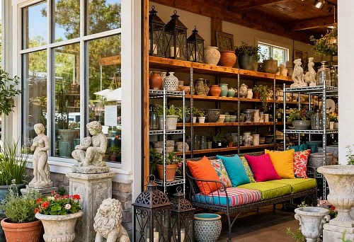 Outdoor Decor Shop with Sculptures, Lanterns, and Garden Furniture