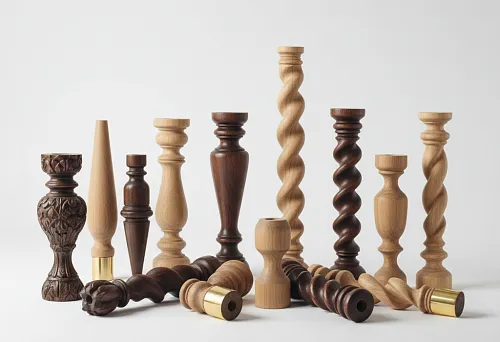 Set of furniture legs made of oak, beech, and walnut &mdash; carved, screw-on, tapered, and shaped models with brass trim elements