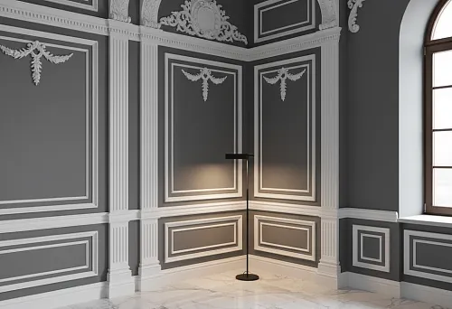 Interior with Corner Elements, Cornices, and Baseboards United in a Single Decorative Design