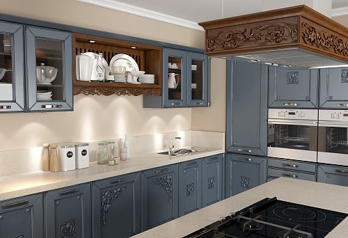 Kitchen with facades decorated with decorative overlays and elements
