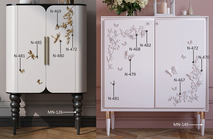 KMD-044 chest with minimalist design, including geometric legs MN-149, MN-126 and carved appliqu&eacute;s N-480, N-467, N-479, N-481.