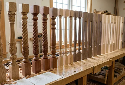Carved wooden balusters with classic ornament, lined up on a workbench