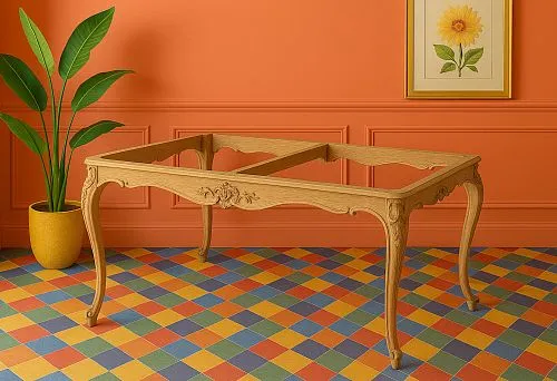 Dining pedestal made of solid wood with elegant carving and curved legs