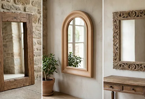 Rectangular mirror in a massive oak frame with natural wood texture on a stone wall