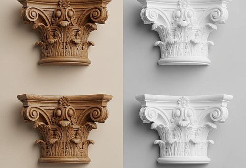 Comparison of wooden and polyurethane capitals in classical style.