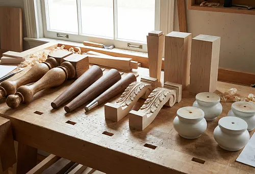Massive turned wooden furniture legs laid out on a workbench in a carpentry workshop.