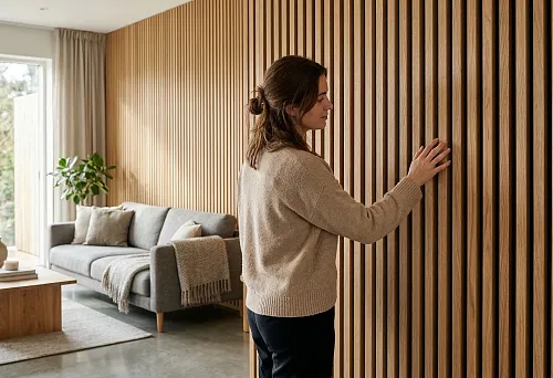Decorative wooden slat wall panels in a modern living room interior with upholstered furniture and a warm neutral palette