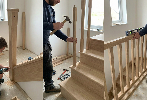 Installation of wooden railings and balusters: the craftsman fastens the support post to the stringer with a screwdriver, preparing the base of the railing.
