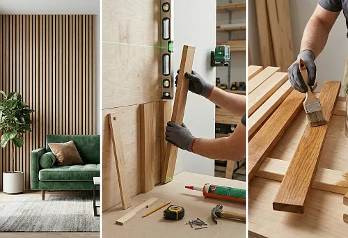 Decorative wooden slat 20&times;40 on the wall: vertical lamellae as an accent panel in the living room
