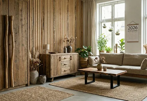 Eco-interior 2026 with solid wood furniture, wooden handles and live plants