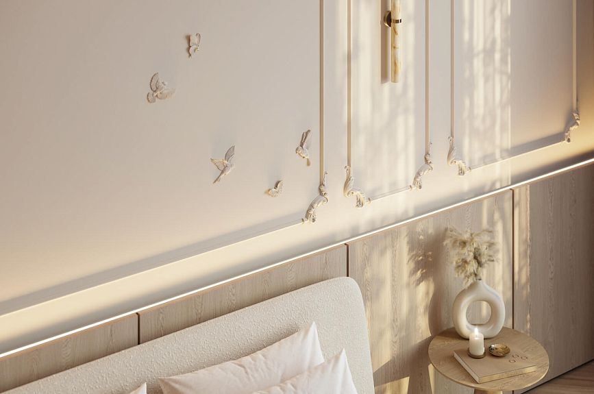 Wall panel behind the bed with STAVROS moldings