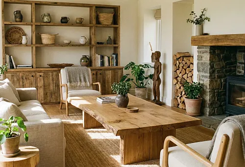 Living room with fireplace: solid wood furniture, a large table, and warm textiles