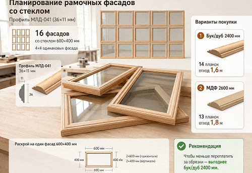Wooden border MLD-041 36&times;11 mm on furniture facades with 600&times;400 mm glass inserts