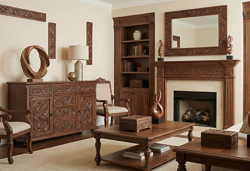 Carved overlays for living room furniture: a unified ornament on facades, fireplace portal, and mirror frame