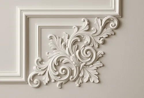 Wooden corner element with carved floral ornament in classical style, decorating the interior