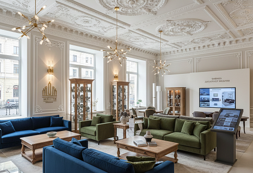 Showroom of designer furniture and molding factory in Moscow with ceiling stucco decor