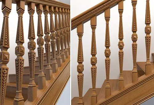 Carved Wooden Balusters on the Staircase, Connected to Handrails Using Professional Fasteners