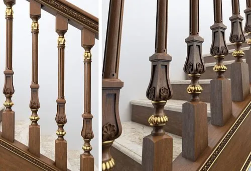 Installed wooden balusters with carving and gold decoration &mdash; overall view