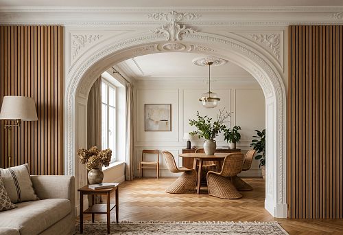 Stucco decor and wooden slats for an arch and passage area: how to design the transition between rooms