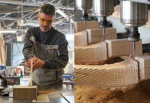 A craftsman in protective glasses carefully processes a wooden blank on a machine, using traditional woodworking methods