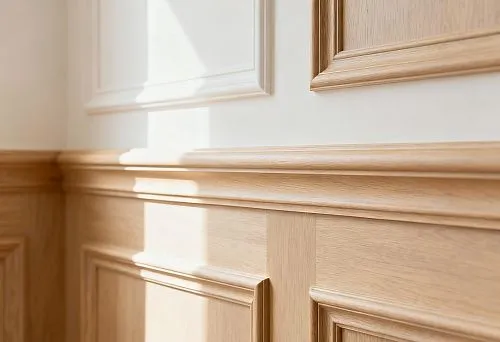 Phytopolymer decor in interiors &mdash; skirting boards, cornices, and moldings, executed in a unified style with natural wood texture and soft wood tone