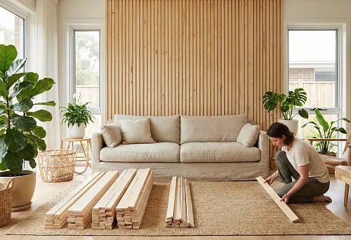 Eco-interior with a wooden slat wall: a person selects and arranges wooden slats before installation