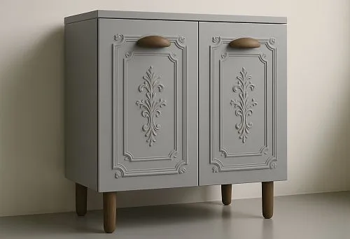 Gray cabinet with decorative carving on the fronts and wooden legs